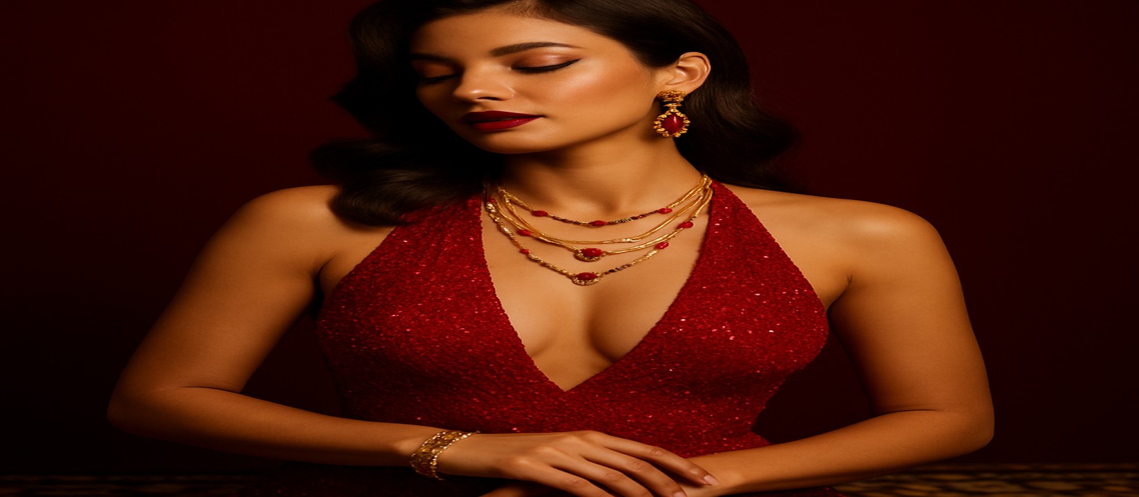 vb8 গেমিং প্ল্যাটফর্ম টেবিলে লাল পোশাকে সজ্জিত এক নারী উপস্থাপিকা