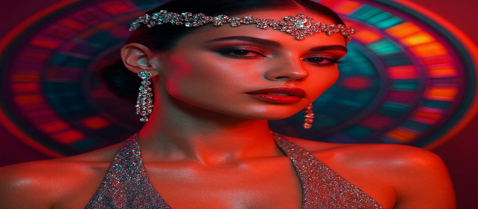 চাকার সামনে vb8-র রঙিন গেমিং প্ল্যাটফর্মে উজ্জ্বল পোশাকে এক নারী