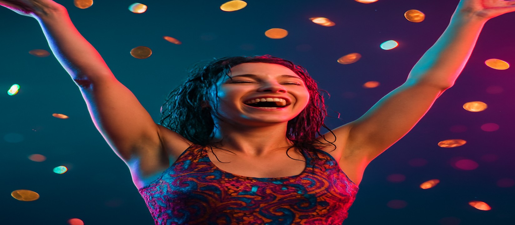 মুদ্রার ঝরনার মাঝে রঙিন পোশাকে এক নারী vb8
